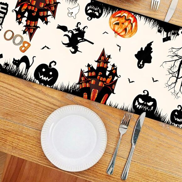 Halloween Haunted House Table Runner 13x72" Burlap Dining Table Décor with Ghost - Picture 4 of 5